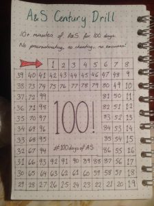 a notebook page with a spiral of squares starting at 1 and ending at 100